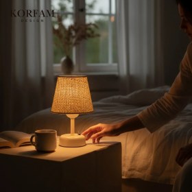 Resim KorFam Krem Hasır Görünümlü Başlık Kablosuz Pilli Masa & Gece Lambası 