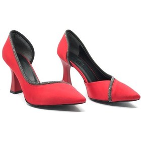 Resim Feles Kadeh Topuk Saten Taşlı Stiletto Kadın Topuklu Ayakkabı Kırmızı 