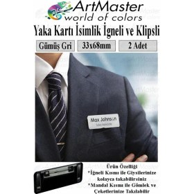 Resim ArtMaster Iğneli ve Klipsli Isimlik Gümüş Renkli 2 Adet Yaka Isimliği Personel Yaka Kartı Şirket Isimliği 68X33CM Işyeri Büro Ofis 