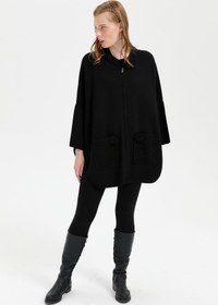 Resim Desen Kadın Oversize Midi Panço - Fermuarlı, Örgü Detaylı - Siyah / S 