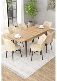 Resim Arel Meşe 80x132 Açılabilir Mdf Masa Yemek Odası Takımı, Mutfak Takımı 6 Adet Sandalye Meşe Masa - 6 Krem - Meşe Ayak 