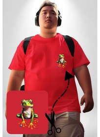 Resim Angemiel Frog Kurbağa Prens Kırmızı Büyük Beden Kadın Basic Minimal Baskılı Tişört Kırmızı 