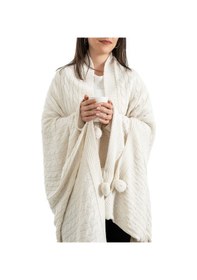 Resim Ponponlu Triko Örme Tv Battaniyesi Koltuk & Omuz Şalı & Diz Battaniyesi 130x170cm - Krem Krem 