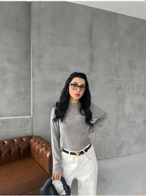 Resim Bisiklet Yaka Uzun Kollu Crop - Gri Gri 