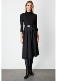 Resim On Kadın Beli Kemerli Mix Kumaş Midi Elbise 64410 Siyah Siyah 