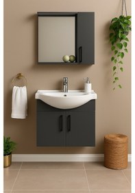 Resim Lacrime 65 Cm Antrasit Renkli Mdf, Oval Seramik Lavabolu, Alt Ve Antrasit 
