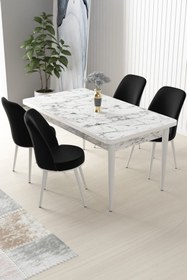 Resim Canisa Concept Nil Serisi 70x110 Sabit Mutfak Masası Takımı Beyaz Mermer Desen Masa 4 Siyah Sandalye 