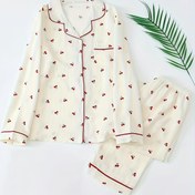Resim 1 Set Kadınlar için Zarif Çiçek Desenli Polyester Pijama Takımı - Uzun Kollu Yaka Detaylı Gömlek ve Düğmeli Uzun Pantolon, Dokuma İlkbahar/Sonbahar Ev Giysileri 