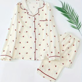 Resim 1 Set Kadınlar için Zarif Çiçek Desenli Polyester Pijama Takımı - Uzun Kollu Yaka Detaylı Gömlek ve Düğmeli Uzun Pantolon, Dokuma İlkbahar/Sonbahar Ev Giysileri 