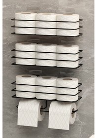 Resim Yapışkanlı Yedekli 3'lü Set Tuvalet Kağıtlığı Wc Tuvalet Kağıdı Askısı Ve Tutucu Siyah Metal 