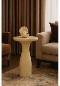 Resim Tekli Doğal Ahşap Mantar Sehpa Krem Renk Masif Yan Sehpa Beyaz 