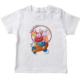 Resim Angemiel Baby Kaykay Yapan Canavar Erkek Bebek Tişört Beyaz B1092MDBBKETSRT 