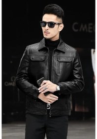Resim Hakiki Deri Ceket Tarzı Mont Gömlek Yaka Siyah 
