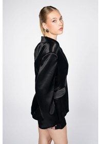 Resim Kadın Siyah Bele Oturan Saten Blazer Siyah 