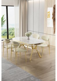 Resim Canisa Olya Serisi 90x168 Lak Panel Beyaz Mermer Desen Masa Takımı Gold Ayaklı 4 Krem Sandalye Masa Beyaz Mermer Krem Sandalye 