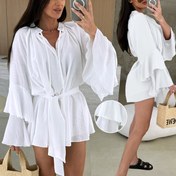 Resim Ruffled kollu ve bağcıklı detaylı, uzun kollu, düz renkli, şık ve rahat bir maxi elbise - Bahar/Yaz/Sonbahar için mükemmel, rahat ve şık bir kıyafet|Ruffled kollu elbise|Poliester kumaş 