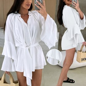 Resim Ruffled kollu ve bağcıklı detaylı, uzun kollu, düz renkli, şık ve rahat bir maxi elbise - Bahar/Yaz/Sonbahar için mükemmel, rahat ve şık bir kıyafet|Ruffled kollu elbise|Poliester kumaş 