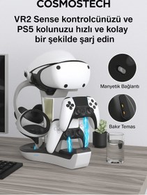 Resim Cosmostech PS5 VR2 Hızlı Şarj İstasyonu - Kulaklık Ve VR Gözlük Aparatlı Sanal Gerçeklik Gözlüğü Uyumlu Şarj Standı 