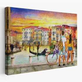 Resim Es10 Venedik Kanalına Bakan Romantik Çift Yağlıboya Görünüm Kanvas Tablosu-3625 (95 x 165) 
