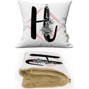 Resim H HARFİ Baskılı Kişiye Özel Opsiyonel Battaniyeli Yastık Kırlent 2 in 1 