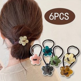 Resim 6 Adet Karışık Renkli Akrilik Sać Bağları Seti, Yüksek Esneklikli Sać Bantları, Çiçekli Sać Aksesuarları, Tatlı & Sevimli Stil, Katı Baskı, Ponytail & Bünler için Sać Kurdele Bağları 