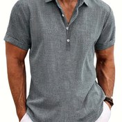 Resim Erkekler için rahat düz renkli kısa kollu polyester düğmeli yaka kravat düzenli fit yazlık giyim 