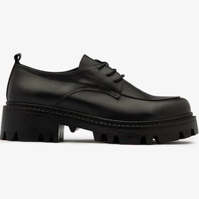 Resim SAYL Siyah Hakiki Deri Kalın Tabanlı Bağcıklı Kadın Oxford Ayakkabı 