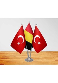Resim Masa Üstü Belçika Bayrağı Türk Bayrağı + Üçlü Direk Masa Bayrağı 