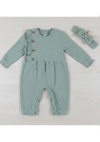 Resim Biçomi Düğme Detaylı Bandanalı % 100 Pamuk Kız Bebek Tulumu Yeşil 