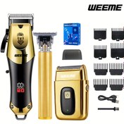 Resim Weeme 3'lü Berber Seti, Altın Saç Kesme Seti, Yüksek Verimli Elektrikli Kesici, T-Şaver Trimmer ve Rüzgar, USB Şarj Edilebilir Kablosuz Taşınabilir Tasarım, Metal Gövde Şık ve Modern, Kolay Olarak Yenileyen Görünüm, Ev Kullanımı İçin Uygun, Babalar Günü Doğum Günü Hediyesi İçin İlk Seçenek 