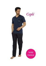 Resim Erkek V Yaka Ekose Desen %100 Pamuk Kısa Kol Cepli Pijama Takımı İndigo 