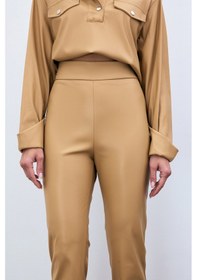 Resim Sateen Yüksek Bel Deri Pantolon - Bej-135288 Bej 