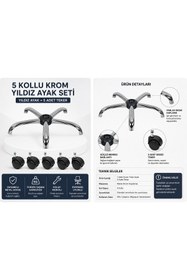 Resim kübrabüro 5 Kollu Krom Ofis Koltuğu Yıldız Ayak ve Tekerlek Seti Evrensel Uyumlu 