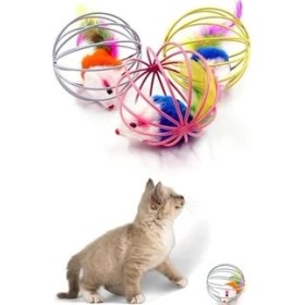 Resim Metal Kafesli Peluş Fareli Kedi ve Köpek Oyuncağı - 6 cm Eğlenceli Oyun Topu 