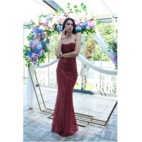 Resim Feminist Bordo Pul Taş İşlemeli Straplez Balık Abiye 9705304.04 Bordo 