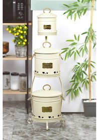 Resim 3 Katlı Metal Patates Soğan Sarımsak Saklama Kovası Krem 