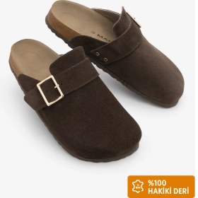 Resim Marjin Kadın Hakiki Deri Eva Taban Önü Kapalı Tokalı Sabo Günlük Terlik Sumpa Kahve Süet 