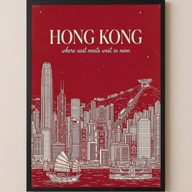 Resim Hong Kong Line Art Print - Crimson Victoria Harbour Skyline Junk Boat Wall Art - Wooden Frame - Black / 24 x 36" (60x90 cm) 
