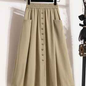 Resim Şık Yüksek Bel A Kesim Etek Düğme Detaylı - Günlük, Esnemez Polyester, Makinede Yıkanabilir - Haki Renkte, 1XL'den 3XL'e Bedenler Mevcut 