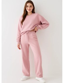 Resim Kadın Oversize Sweatshirt Pembe Bisiklet Yaka, 3 İplik Şardonlu Polar Pembe 