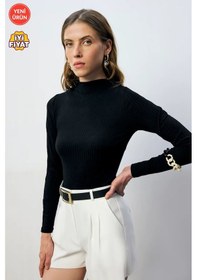 Resim Kadın Çıtçıtlı Dik Yaka Uzun Kollu Basic Body Rahat Fit, Yeni Sezon, Kadın Body Siyah 