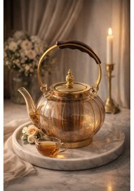 Resim Morponi Ahşap Saplı Isıya Dayanıklı Borosilikat Amber Cam Demlik 1200 Ml Süzgeçli Cam Demlik Oval Çizgili Amber 