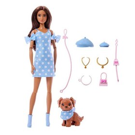 Resim Barbie Uyumlu Dostlar Kahverengi Saçlı Bebek ve Köpekçiği JFP38 