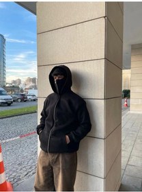 Resim Samuray Ninja Çift Kapşonlu Zıp Fermuarlı Kanguru Çepli Tam Fermuarlı Hoodie Swetshirt - Siyah SIYAH 