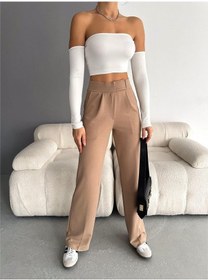 Resim Nevege Butik Nevege Beli Cırtlı Likralı Krep Kumaş Palazzo Pantolon Camel 