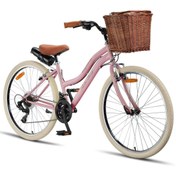 Resim Trendbisiklet Retro Classic 24 Jant Bisiklet, Shimano 21 Vites, Hasır Sepetli Vintage Şehir Bisikleti, Krem Lastik 