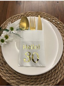 Resim Gold Yaldızlı Beyaz Cepli Hello Otuz Yaş Peçete 12 Adet 40x40 