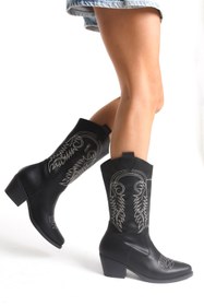 Resim LUQSE SiYAH RENK BEYAZ NAKIŞLI YENİ SEZON KADIN KOVBOY ÇİZME 