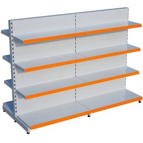 Resim Beyaz Metal Çift Yönlü Orta Reyon 4 Katlı 2'li Birleşik Market Raf Sistemi Market Rafı G180cm Yükseklik H140 Cm Turuncu 