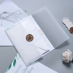 Resim 10 adet Düğün Davetiye Pergamini Ceketleri, Kendin Yap Davetiyeleri, Fotoğraf Üzerine Eklemeler ve Scrapbooking için Ön Katlanmış Saydam Takip Kağıdı Zarflar 